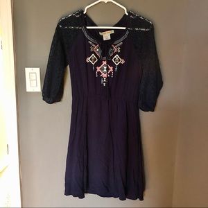 Boho Navy Embroidery w/ Tassel Detail Dress